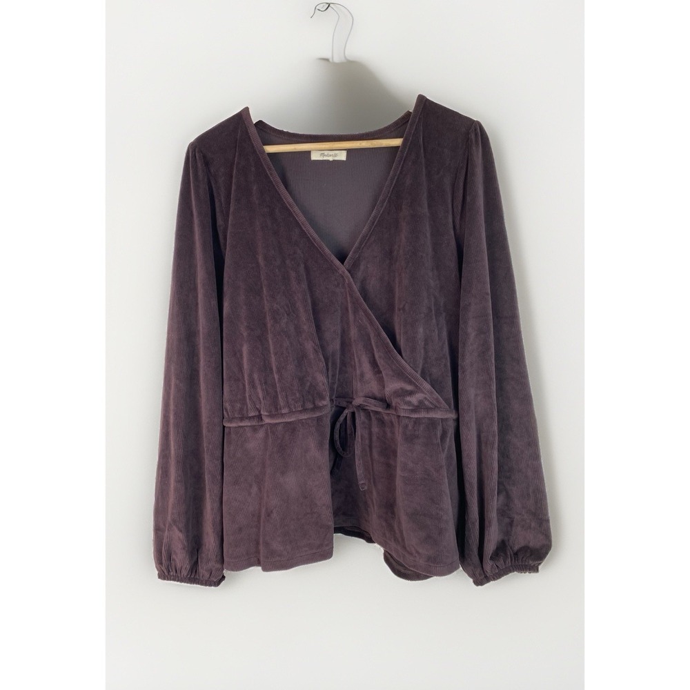 Madewell Women's XL Chocolate Brown Ribbed Velour V-Neck Tie Waist Top